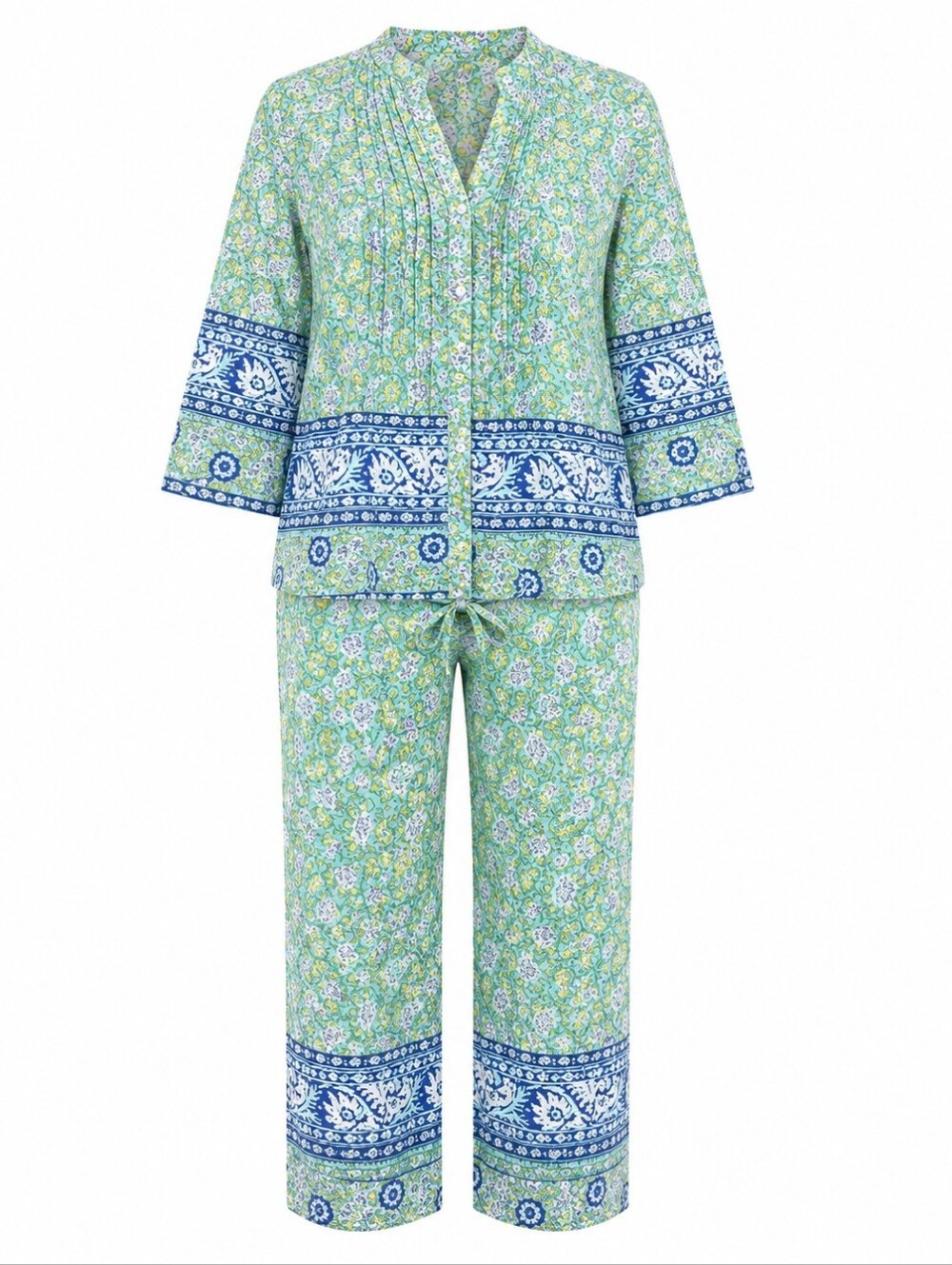 SIGNALS | Floral Block Print Rayon Pajama Lounge Set Blue Green Boho | 1X